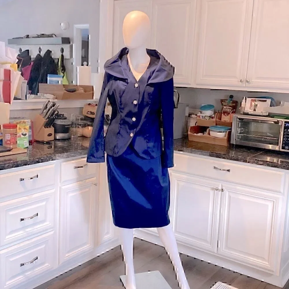 NWT Samuel Dong Royal Blue Taffeta Stretch 2 Piece Set Midnight  Blue Large - Picture 3 of 13